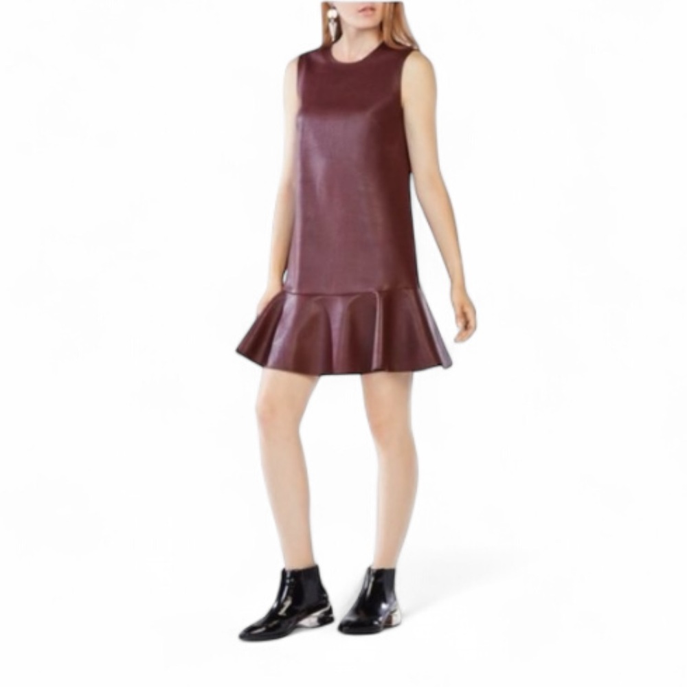BCBGMaxAzria Sheridan Faux Leather Flounced Dress in Royal Port Sz L